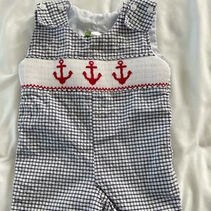Classic Whimsy smocked nautical anchor boys shortail. Size 6m.